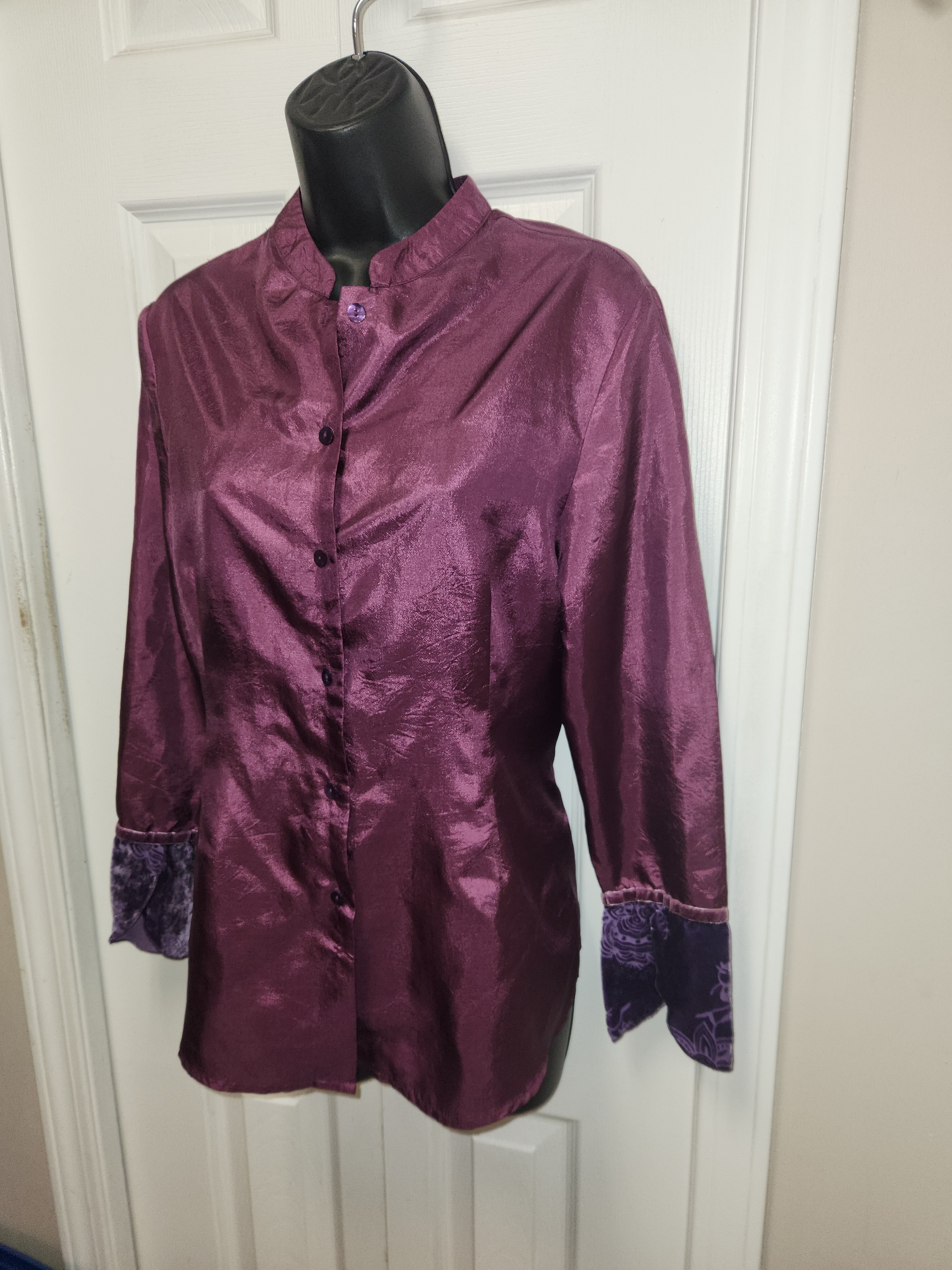 April Cornell Plum Satin Button-Up Blouse